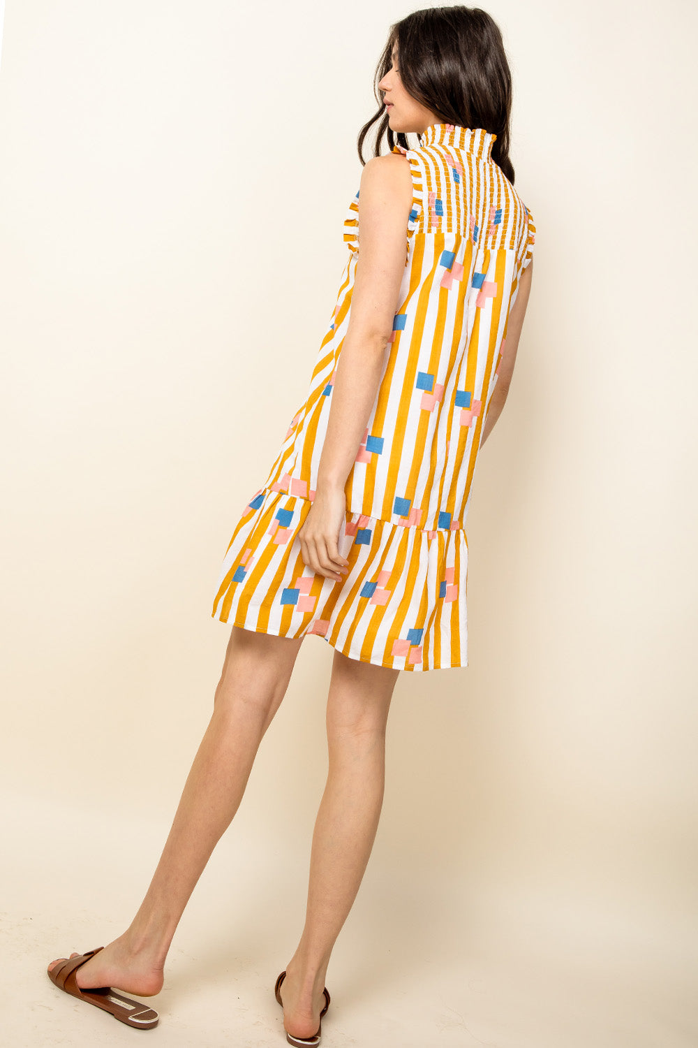 Short Smocked Neck Stripe Dress