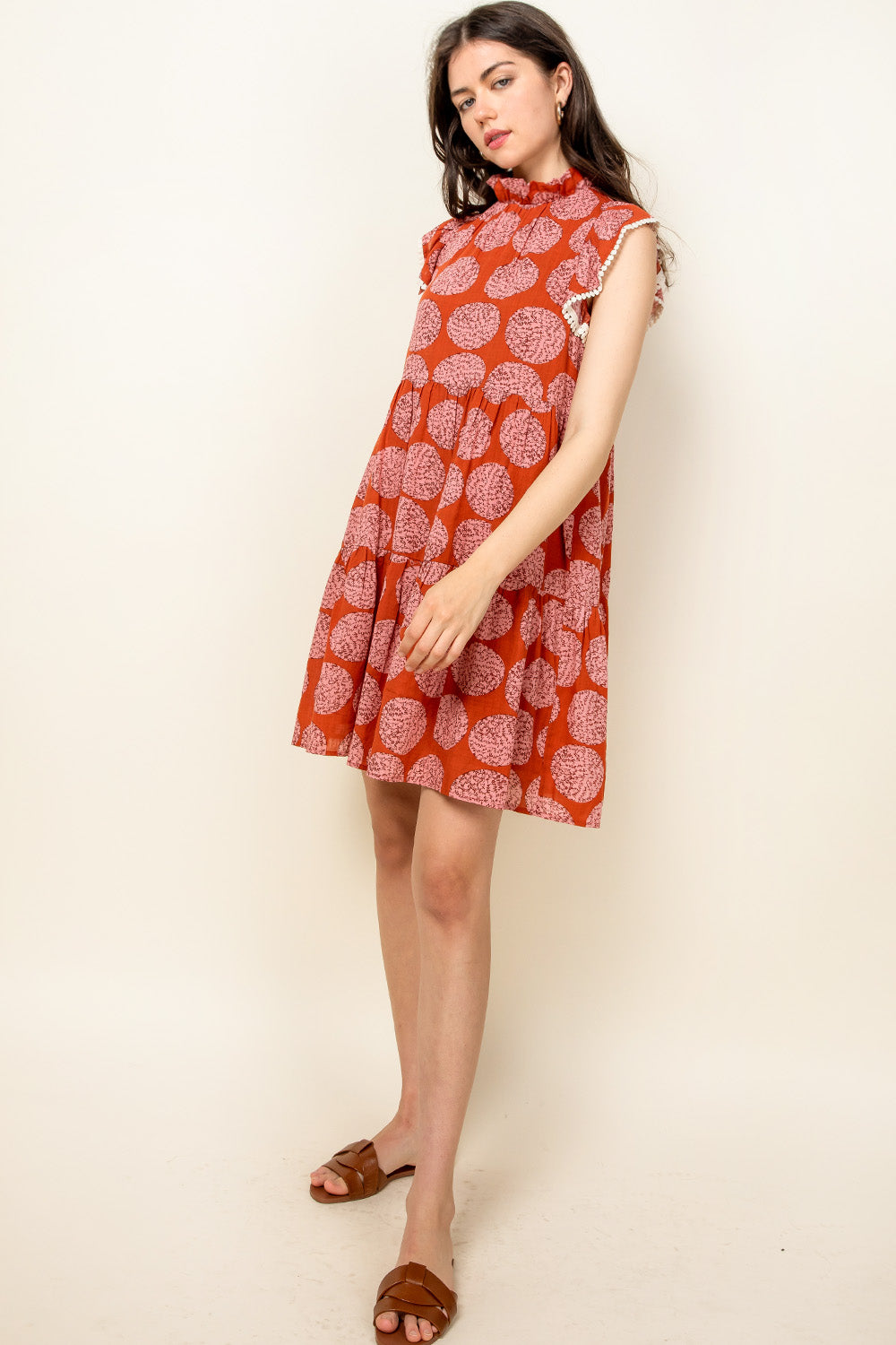 Short Flutter Sleeve Tiered Print Dress