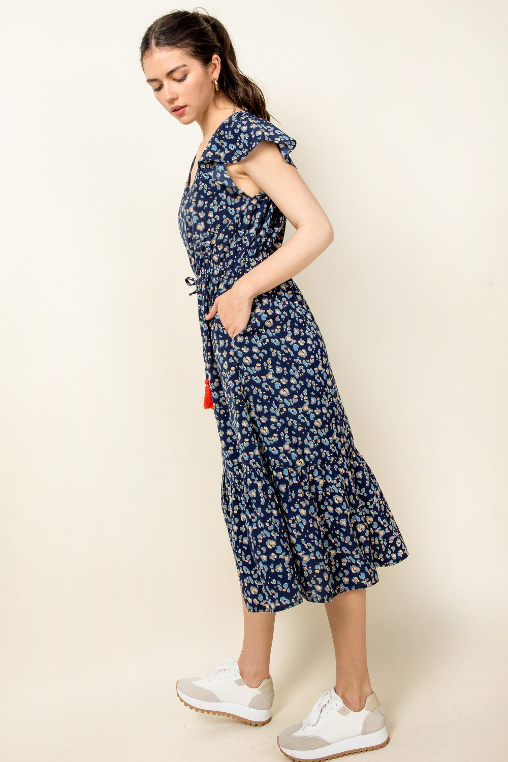 Tassel Tie Flutter Sleeve Print Midi Dress