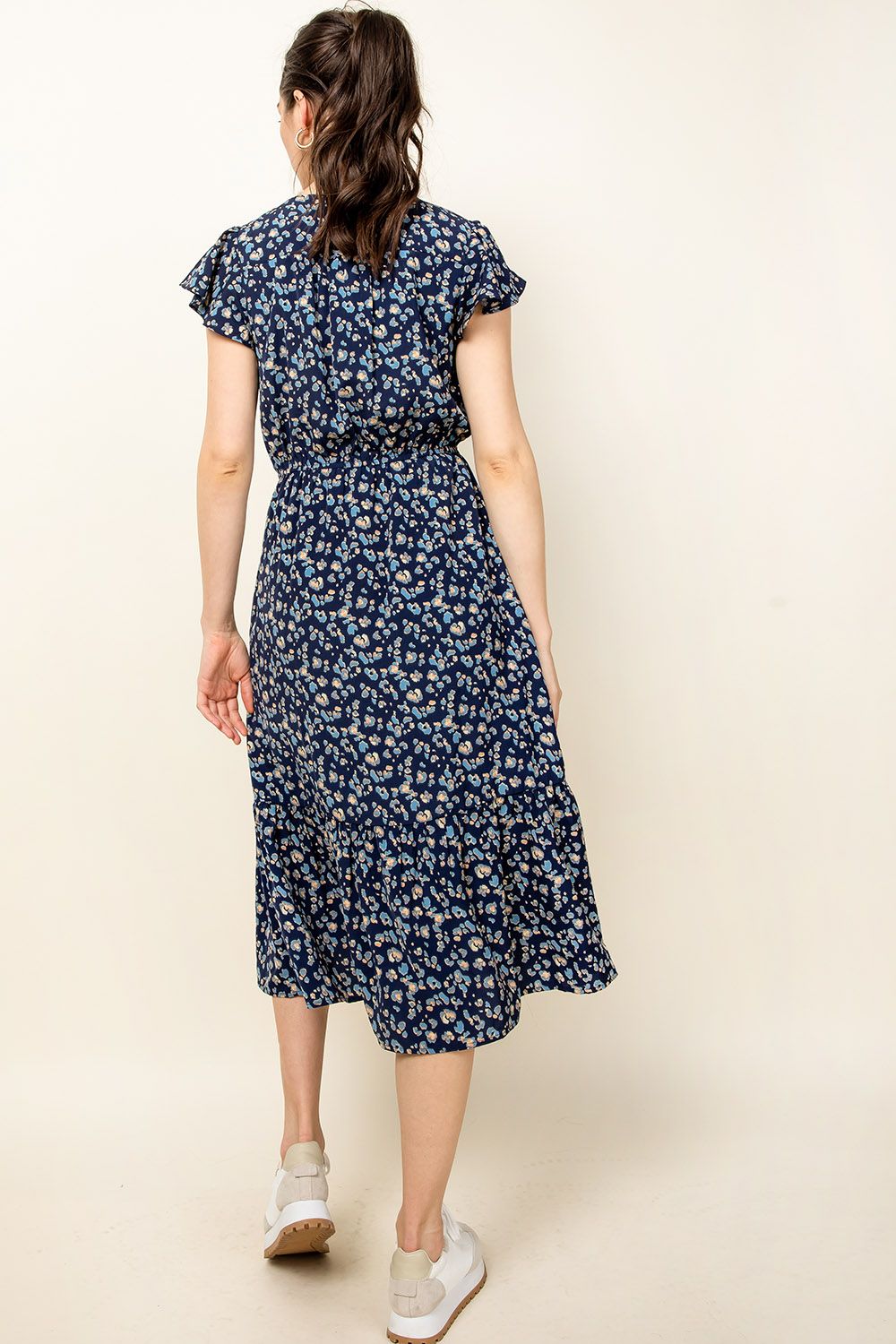 Tassel Tie Flutter Sleeve Print Midi Dress