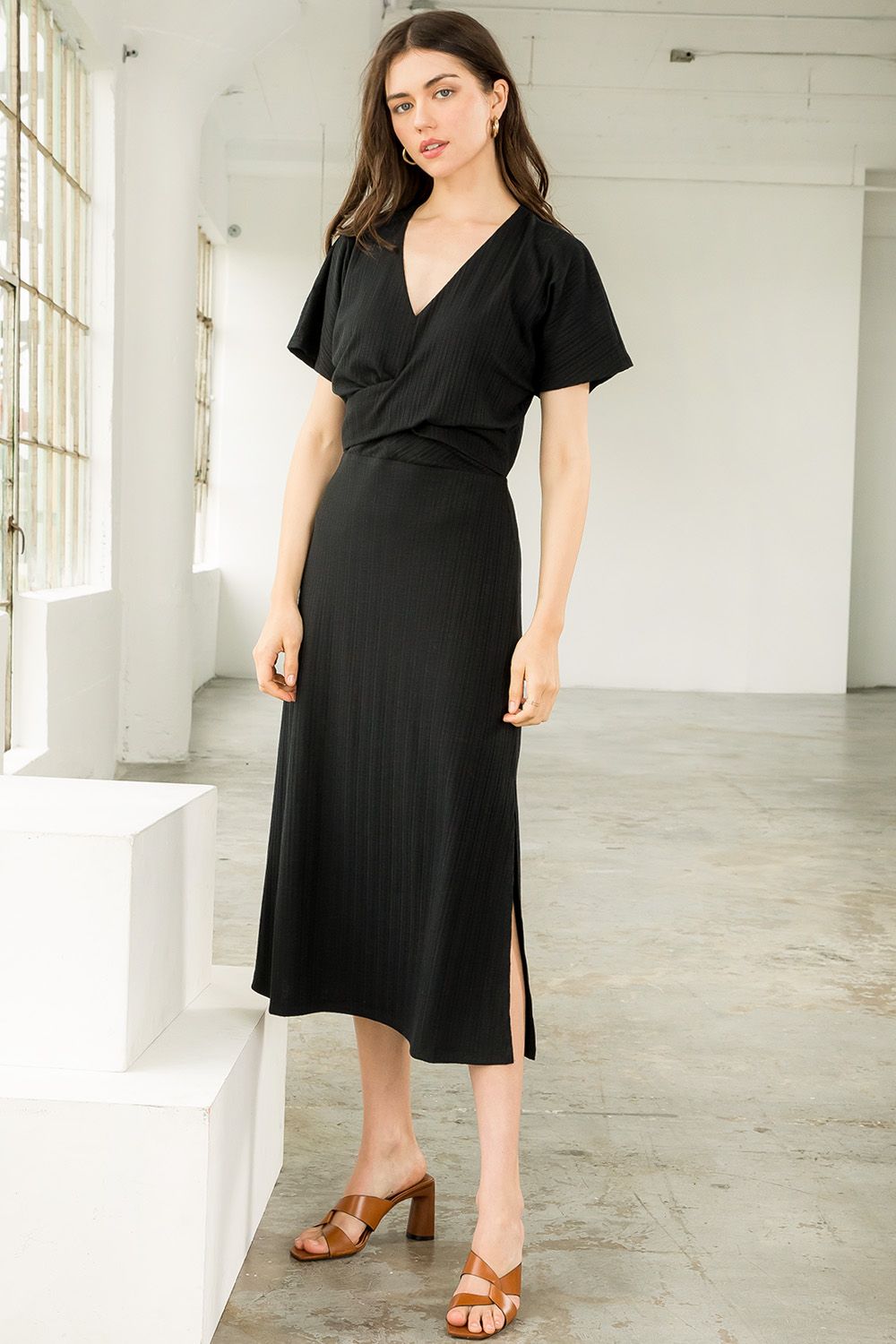 V Neck Slit Knit Midi Dress