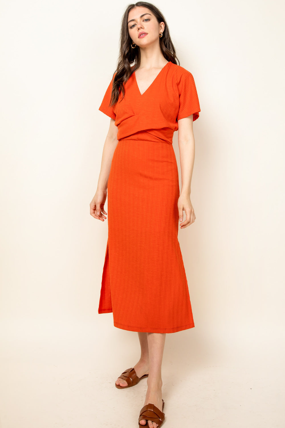 V Neck Slit Knit Midi Dress