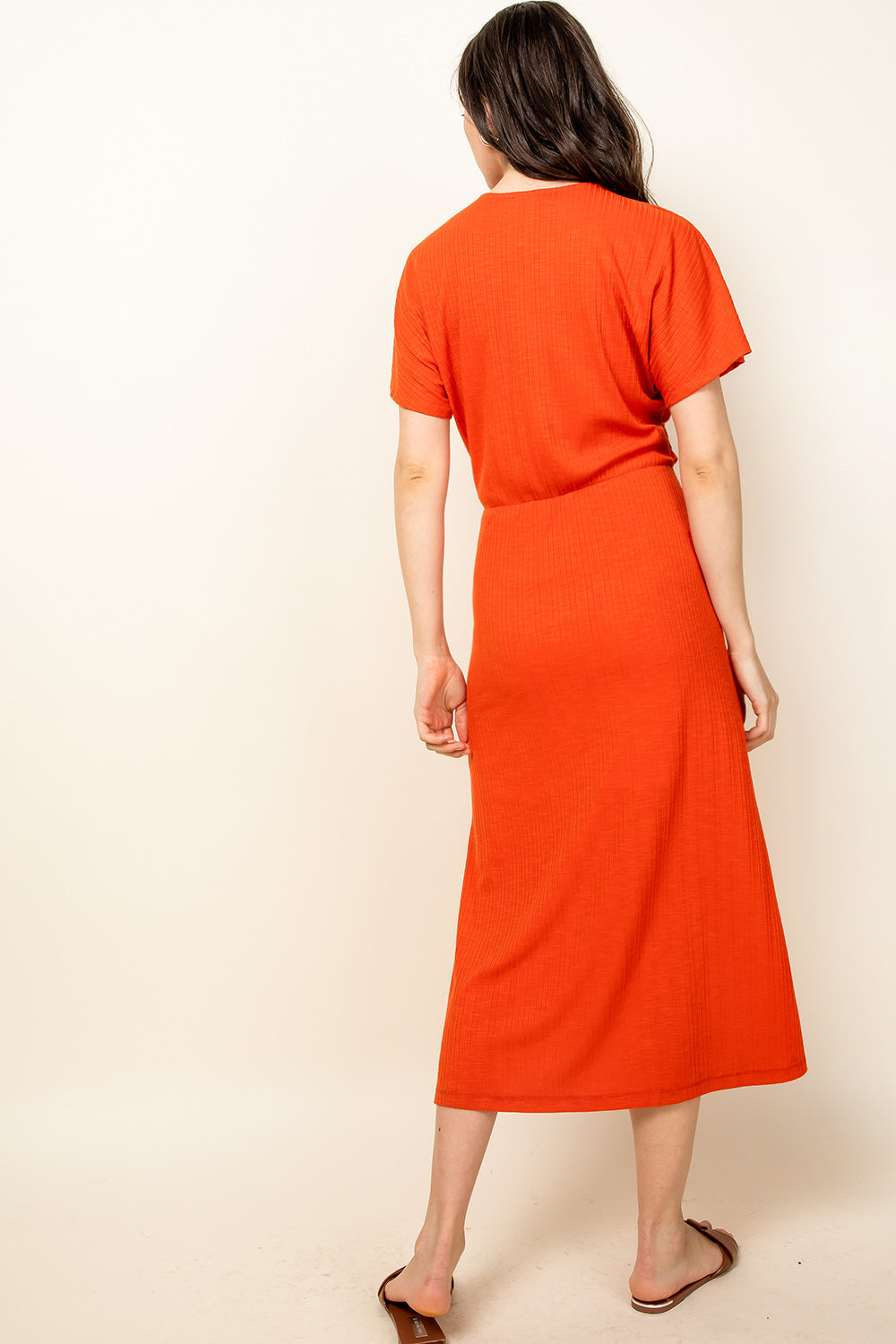 V Neck Slit Knit Midi Dress