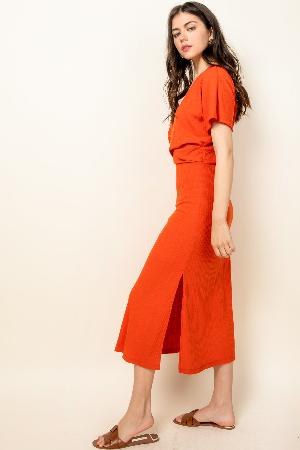 V Neck Slit Knit Midi Dress