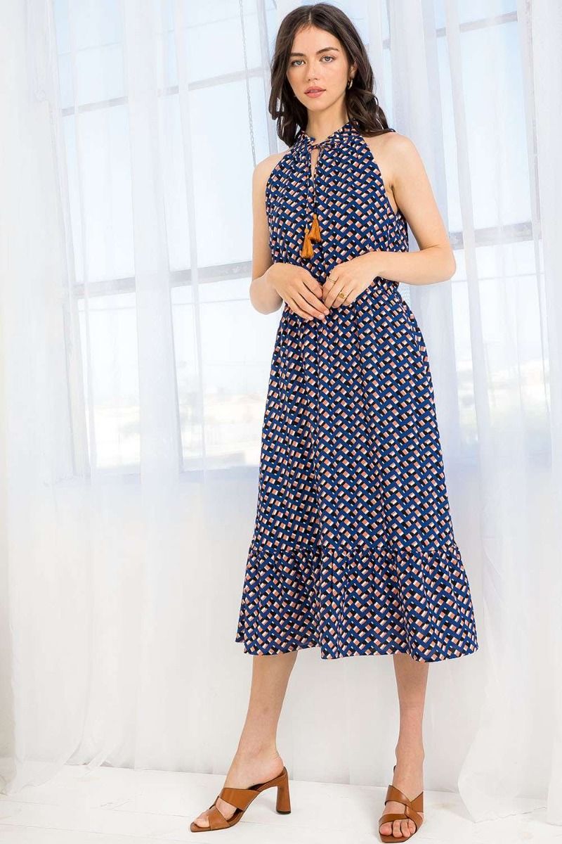 Halter Tassel Tie Printed Midi Dress