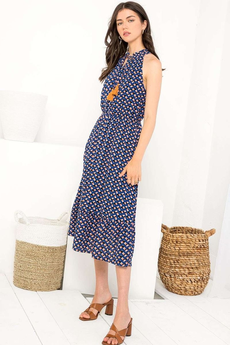 Halter Tassel Tie Printed Midi Dress