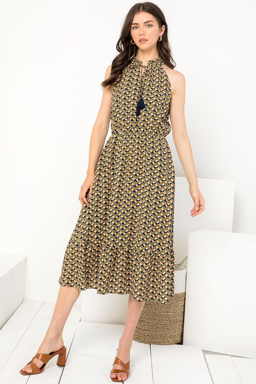 Halter Tassel Tie Printed Midi Dress