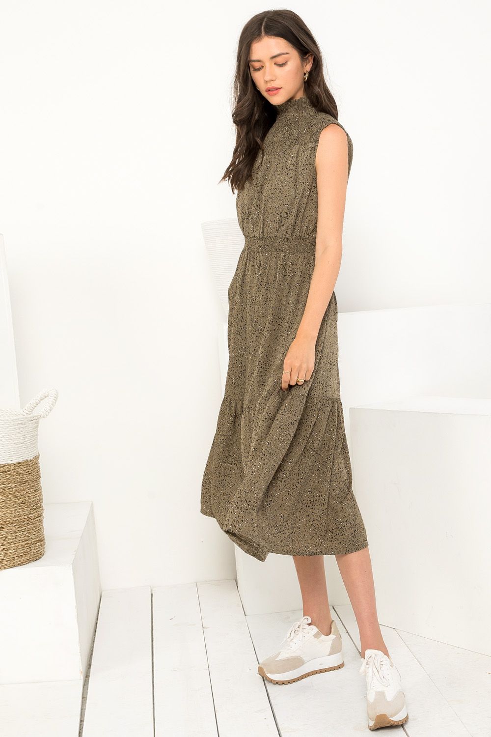 Smocked Sleeveless Midi Dress