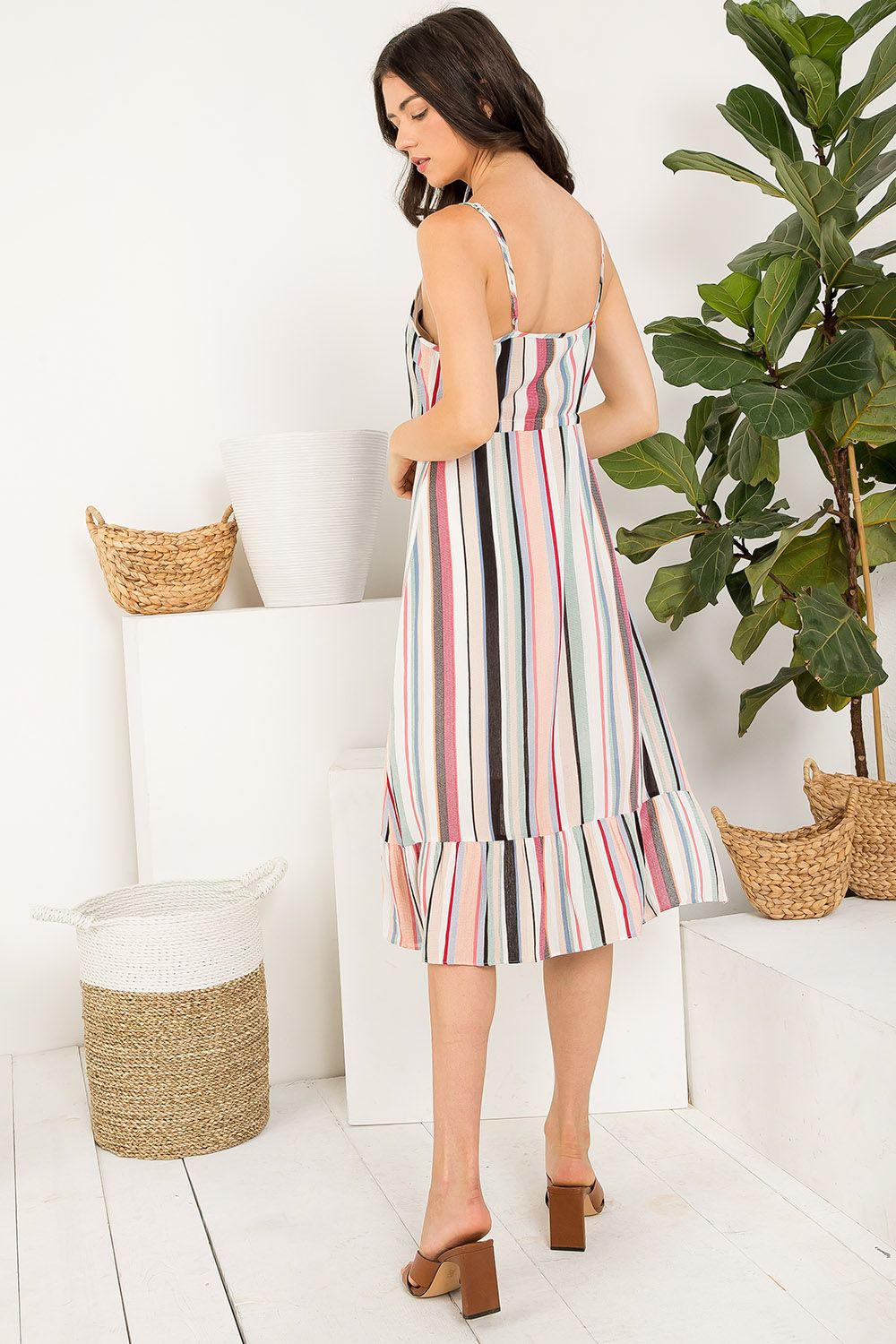 Short Stripe Button Up Spaghetti Strap Dress