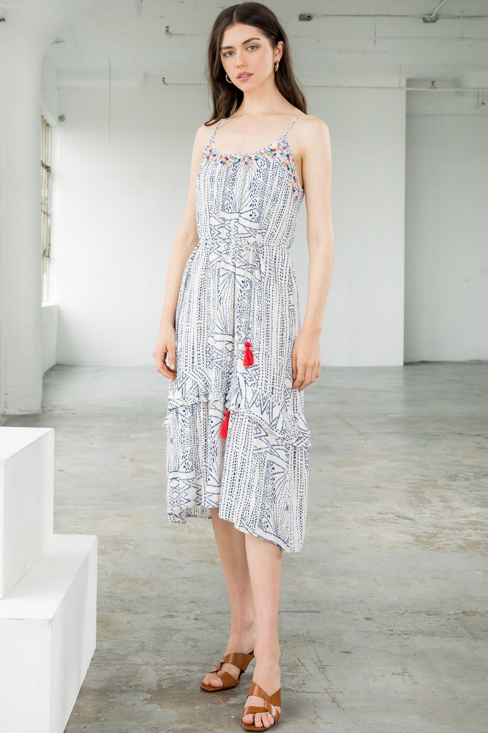 Spaghetti Strap Ruffled Printed Tassel Tie Midi Dress