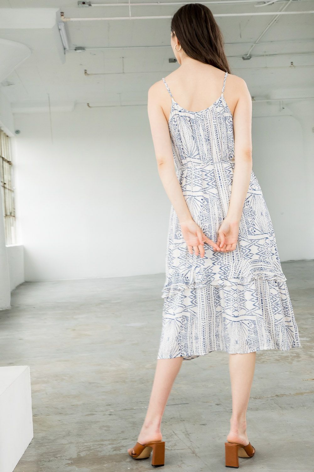 Spaghetti Strap Ruffled Printed Tassel Tie Midi Dress